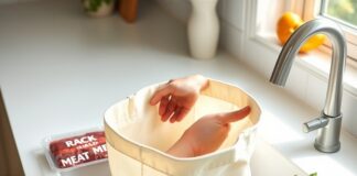 Reusable Grocery Bags: Keep Food Separate and Wash Safely How to clean reusable bags: hands washing a fabric grocery tote while raw meat and produce stay separate