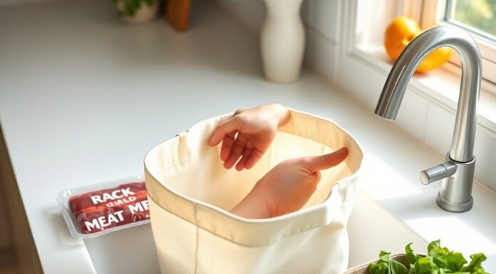 Reusable Grocery Bags: Keep Food Separate and Wash Safely How to clean reusable bags: hands washing a fabric grocery tote while raw meat and produce stay separate