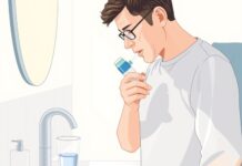 Rinse Your Mouth After Inhaler Use to Help Prevent Thrush Rinse mouth after inhaler use: an adult uses an inhaler with a spacer and rinses at a sink.
