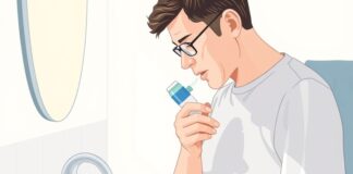 Rinse Your Mouth After Inhaler Use to Help Prevent Thrush Rinse mouth after inhaler use: an adult uses an inhaler with a spacer and rinses at a sink.