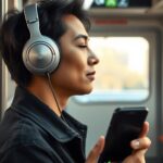 Safe headphone volume: limits, tools and quieter listening A commuter using headphones at a low safe headphone volume in a quiet setting
