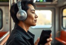 Safe headphone volume: limits, tools and quieter listening A commuter using headphones at a low safe headphone volume in a quiet setting