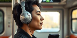 Safe headphone volume: limits, tools and quieter listening A commuter using headphones at a low safe headphone volume in a quiet setting