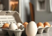 Should You Wash Eggs? Storage Rules Vary by Country Carton of eggs beside a refrigerator, illustrating do eggs need refrigeration for washed and unwashed eggs.