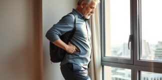 Travel Constipation: Why It Happens and What Helps Traveller stretching beside fruit and water as a simple routine for travel constipation