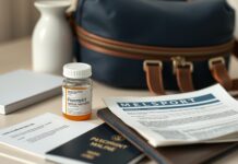 Travelling Abroad With ADHD Medication: Check Rules First Traveling with Adderall: labelled medication, prescription letter and passport prepared for an international trip