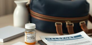 Travelling Abroad With ADHD Medication: Check Rules First Traveling with Adderall: labelled medication, prescription letter and passport prepared for an international trip