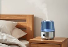 Use Your Bedroom Humidifier Without Raising Mold Risk Bedroom setup with a distilled water humidifier and hygrometer for monitoring room humidity