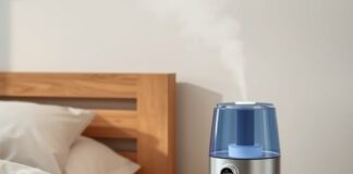 Use Your Bedroom Humidifier Without Raising Mold Risk Bedroom setup with a distilled water humidifier and hygrometer for monitoring room humidity