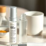 What to Know About Prostaglandin Eyelash Serums Bimatoprost eyelash growth serum and ingredient label beside an eye-care setting