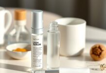 What to Know About Prostaglandin Eyelash Serums Bimatoprost eyelash growth serum and ingredient label beside an eye-care setting