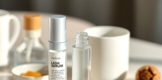 What to Know About Prostaglandin Eyelash Serums Bimatoprost eyelash growth serum and ingredient label beside an eye-care setting