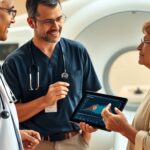 When To Pause Metformin Before a Contrast Scan Patient discussing metformin contrast dye precautions with a radiology clinician before a CT scan.