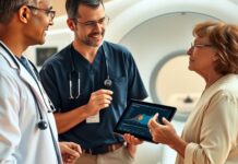 When To Pause Metformin Before a Contrast Scan Patient discussing metformin contrast dye precautions with a radiology clinician before a CT scan.