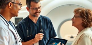 When To Pause Metformin Before a Contrast Scan Patient discussing metformin contrast dye precautions with a radiology clinician before a CT scan.