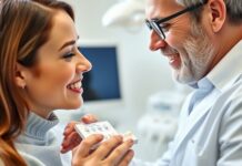 Whitening Your Teeth? Crowns and Fillings May Not Match Dentist comparing tooth shades near a crown, illustrating why you cannot reliably whiten crowns.