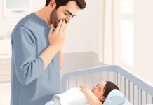 Whooping Cough in Adults: When to Test and Protect Babies Whooping cough adults: an adult with a cough keeping distance from a newborn
