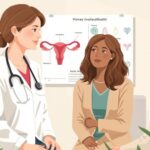 Why Hormone Therapy Matters After POI Before 40 Illustration of a woman discussing primary ovarian insufficiency symptoms and hormone therapy with a clinician.