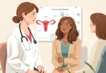 Why Hormone Therapy Matters After POI Before 40 Illustration of a woman discussing primary ovarian insufficiency symptoms and hormone therapy with a clinician.