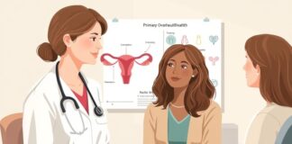 Why Hormone Therapy Matters After POI Before 40 Illustration of a woman discussing primary ovarian insufficiency symptoms and hormone therapy with a clinician.