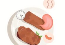 Why Red-Meat Allergy Can Begin Hours After A Meal Illustration of alpha gal symptoms appearing hours after a meal, with mammalian meat and a tick shown as related triggers.
