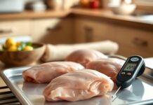 Yes, You Can Cook Chicken From Frozen—If You Check It Frozen chicken pieces on a tray beside a thermometer for checking chicken internal temperature